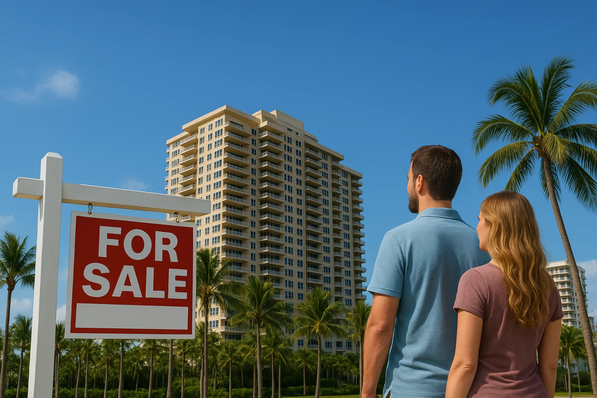 Couple looks at a condo building with a “For Sale” sign in sunny South Florida.